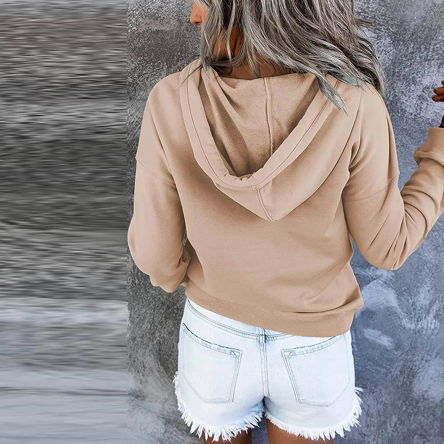 Womens 2022 Hooded Button Collar Drawstring Hoodies Pullover Sweatshirts Casual Long Sleeve Tops Shirts