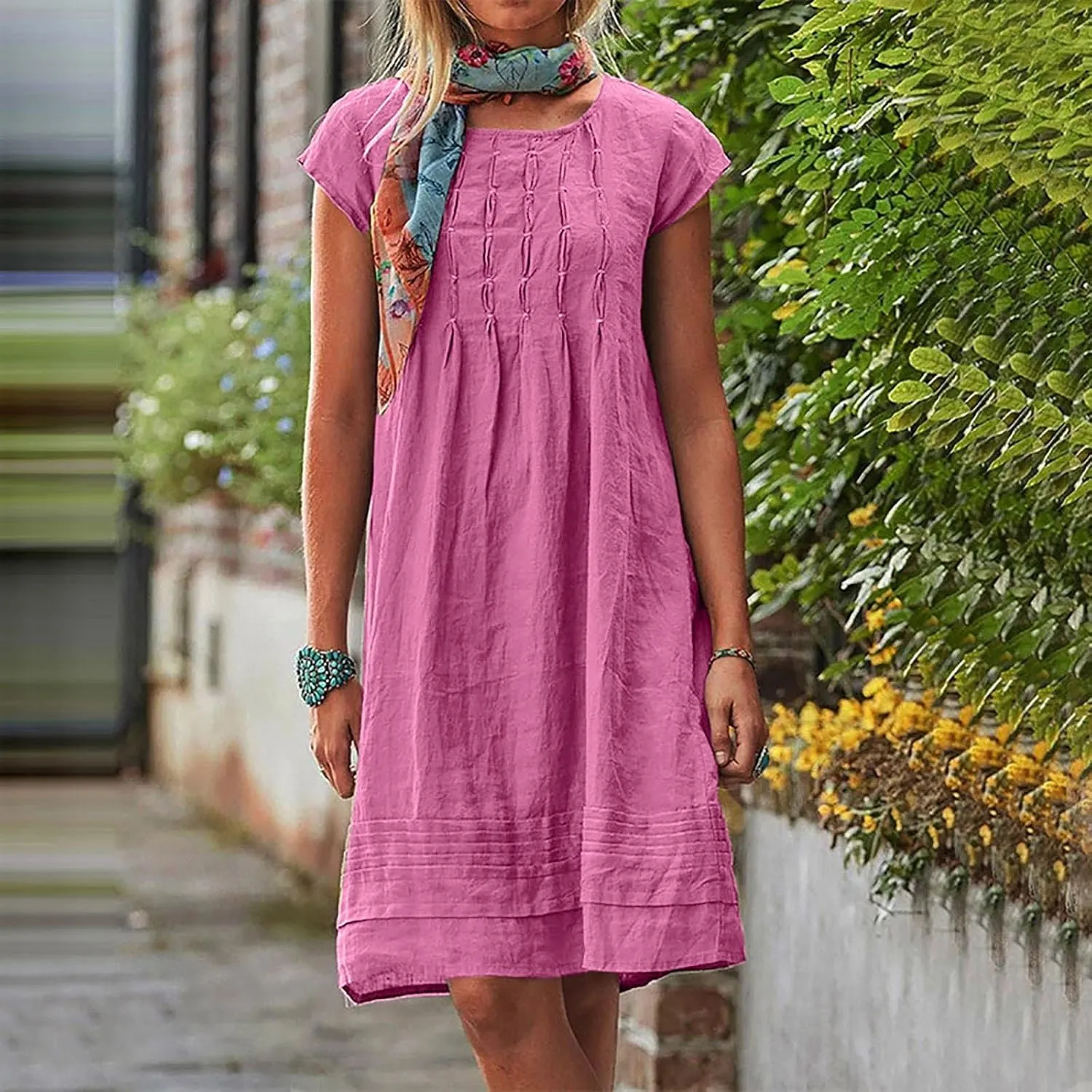 Women's 2025 Plus Size Cap Sleeve Pleated Summer Dresses Cotton Linen Midi Dress Vacation Round Neck Casual Dress