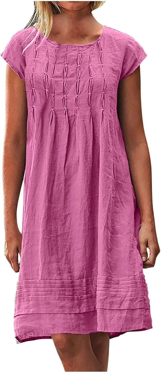Women's 2025 Plus Size Cap Sleeve Pleated Summer Dresses Cotton Linen Midi Dress Vacation Round Neck Casual Dress