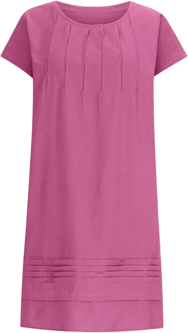 Women's 2025 Plus Size Cap Sleeve Pleated Summer Dresses Cotton Linen Midi Dress Vacation Round Neck Casual Dress