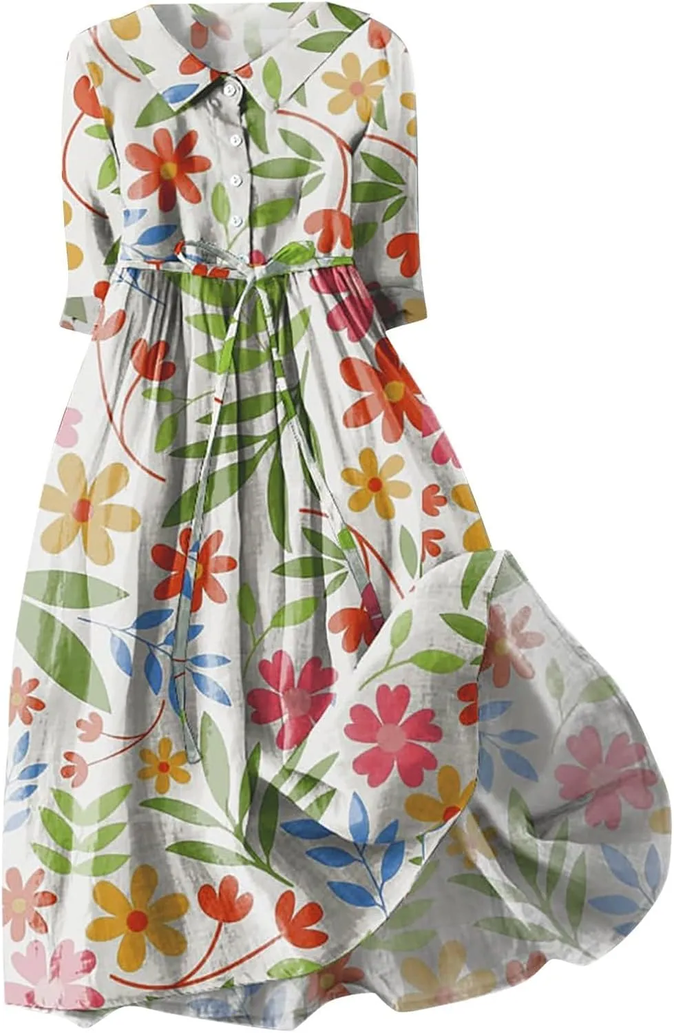 Womens 2025 Summer Boho Colorful Floral 3/4 Sleeve Pleated Midi Dress Flowy Casual Loose Beach Vacation Hawaii Dresses