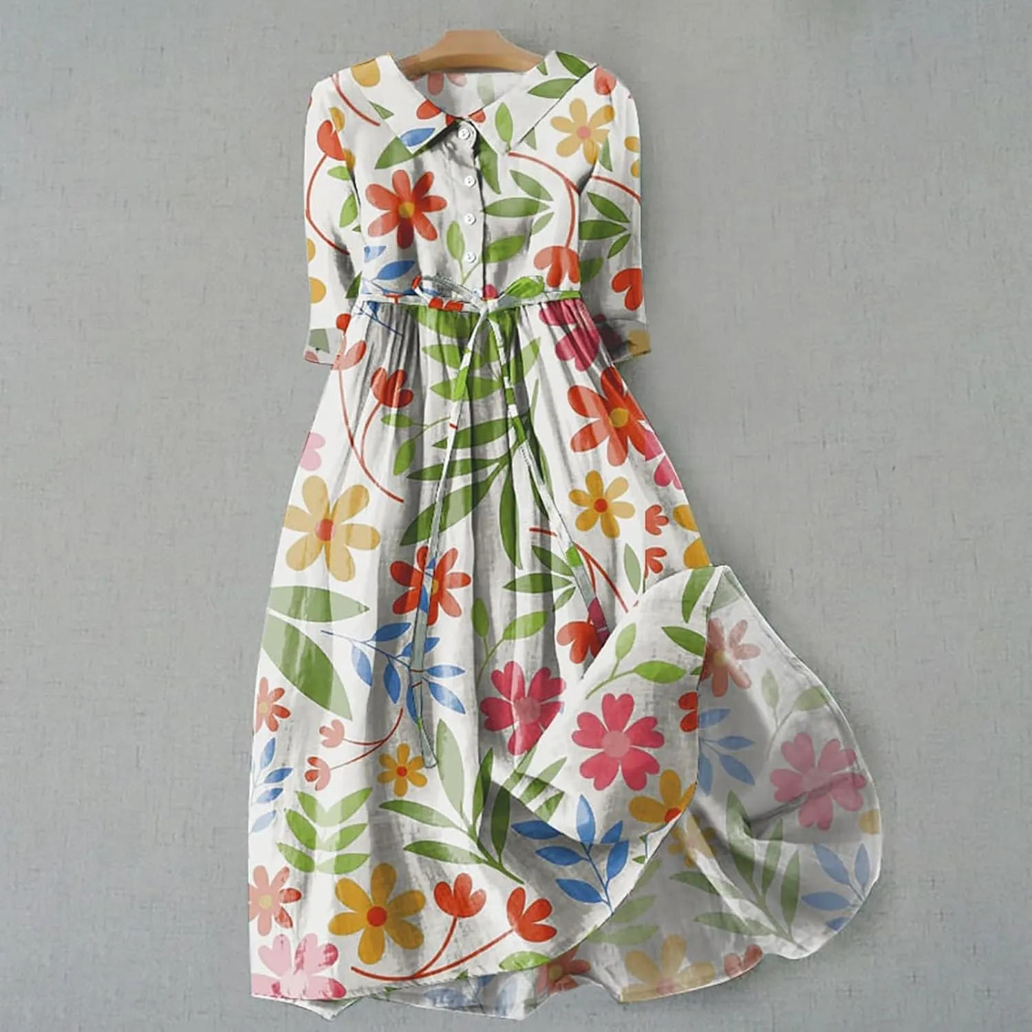 Womens 2025 Summer Boho Colorful Floral 3/4 Sleeve Pleated Midi Dress Flowy Casual Loose Beach Vacation Hawaii Dresses