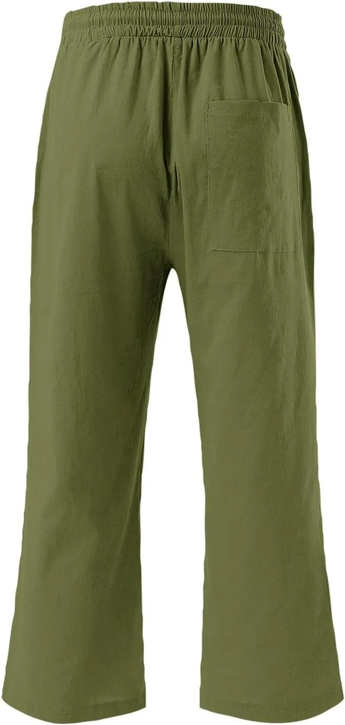 Womens 2025 Summer Capri Pants Cotton Linen Straight Leg Cropped Trousers High Waist Shorts Casual Pant with Pockets