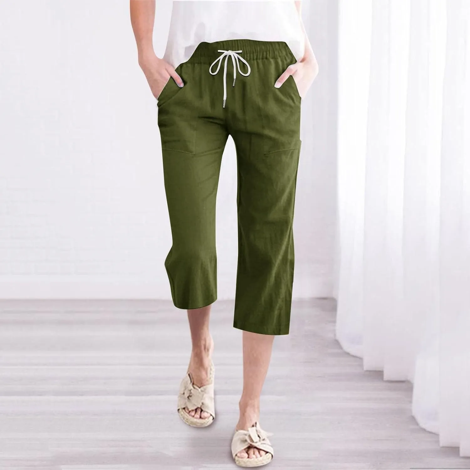 Womens 2025 Summer Capri Pants Cotton Linen Straight Leg Cropped Trousers High Waist Shorts Casual Pant with Pockets