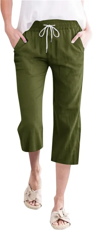 Womens 2025 Summer Capri Pants Cotton Linen Straight Leg Cropped Trousers High Waist Shorts Casual Pant with Pockets