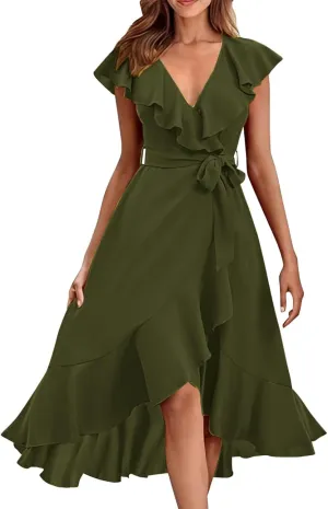Women's 2025 Summer Wrap Midi Dress Casual Boho Deep V Neck Cocktail Dress Short Sleeve Ruffle Hem Split Beach Long Dresses