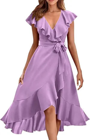 Women's 2025 Summer Wrap Midi Dress Casual Boho Deep V Neck Cocktail Dress Short Sleeve Ruffle Hem Split Beach Long Dresses