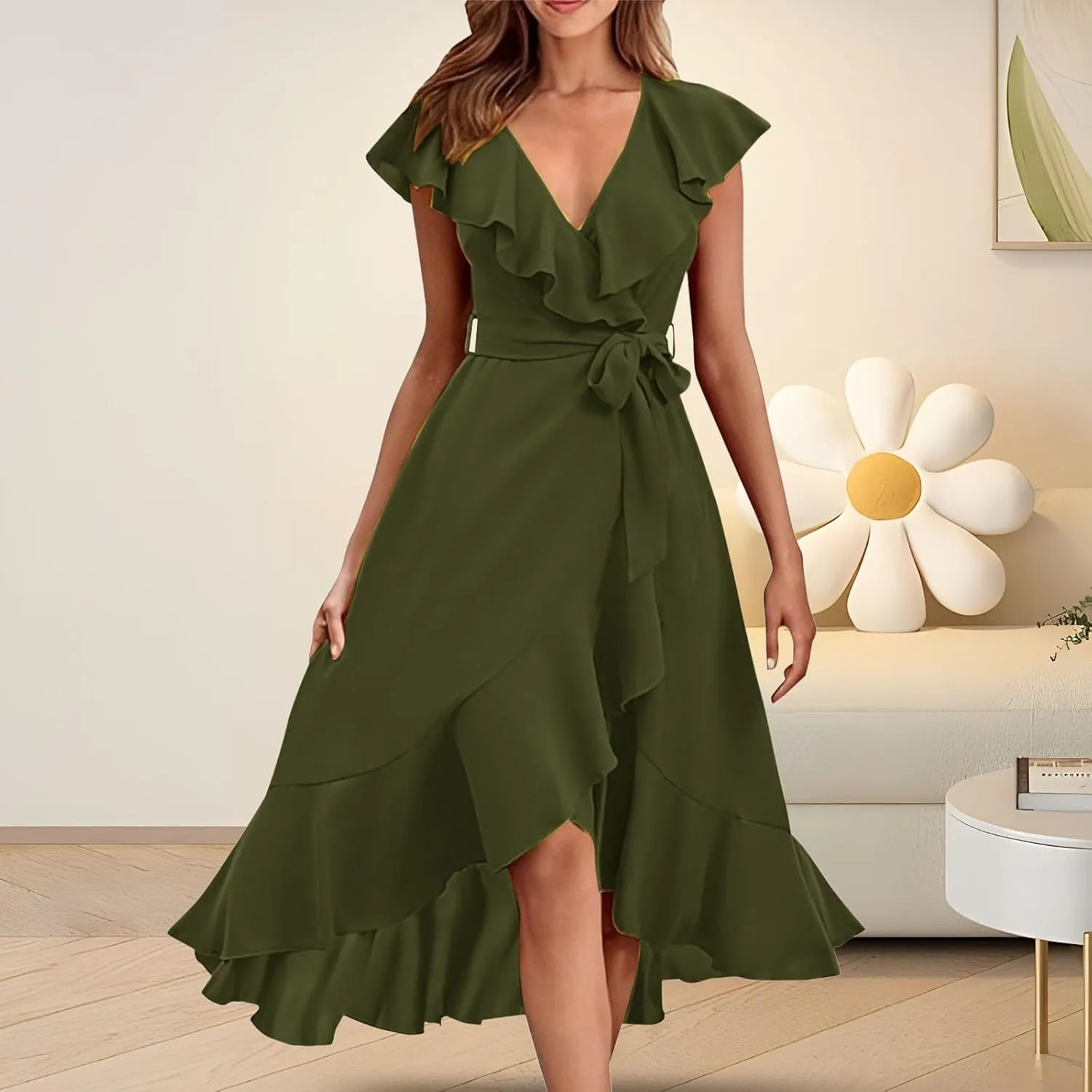 Women's 2025 Summer Wrap Midi Dress Casual Boho Deep V Neck Cocktail Dress Short Sleeve Ruffle Hem Split Beach Long Dresses
