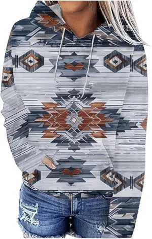 Womens Aztec Ethic Graphic Sweatshirt Western Shirts Hoodies Casual Fall Tops Pullover Cow Country Vintage Outfit