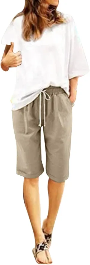 Women's Bermuda Shorts Jersey Shorts Workout Yoga Athletic Long Shorts for Women Comfy Summer Drawstring Shorts