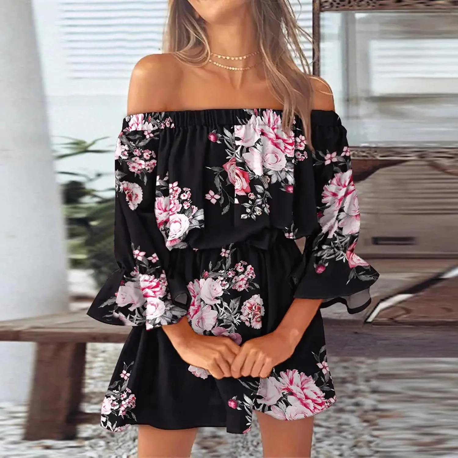 Women's Bodycon Dresses Summer Loose Casual Trendy Dress Cold Shoulder Floral Printed Ruffle Sleeve Dresses, S-3XL