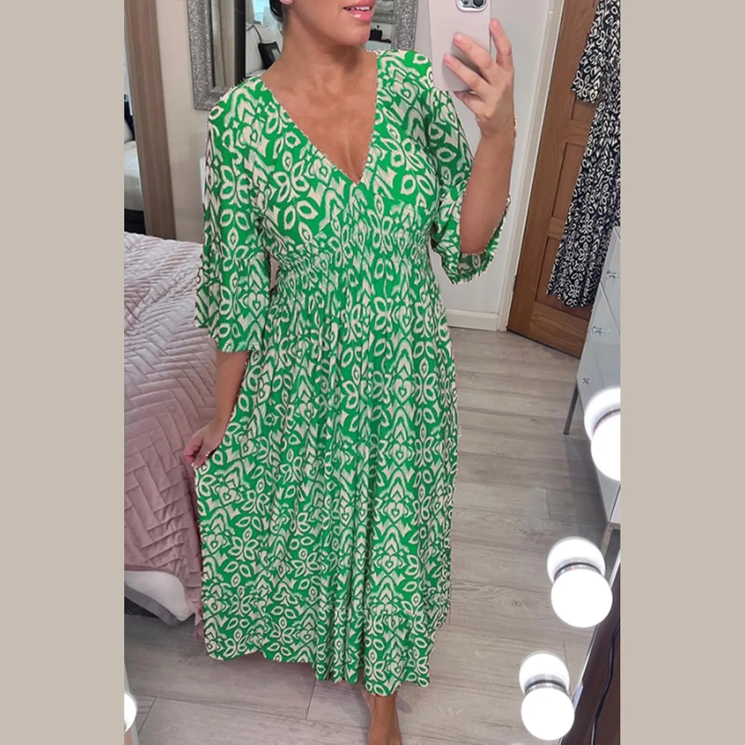Womens Boho Dresses Trendy V Neck 3/4 Sleeve Maxi Dress Casual Loose FIt Floral Printed Ruffle Hem Beach Sundress
