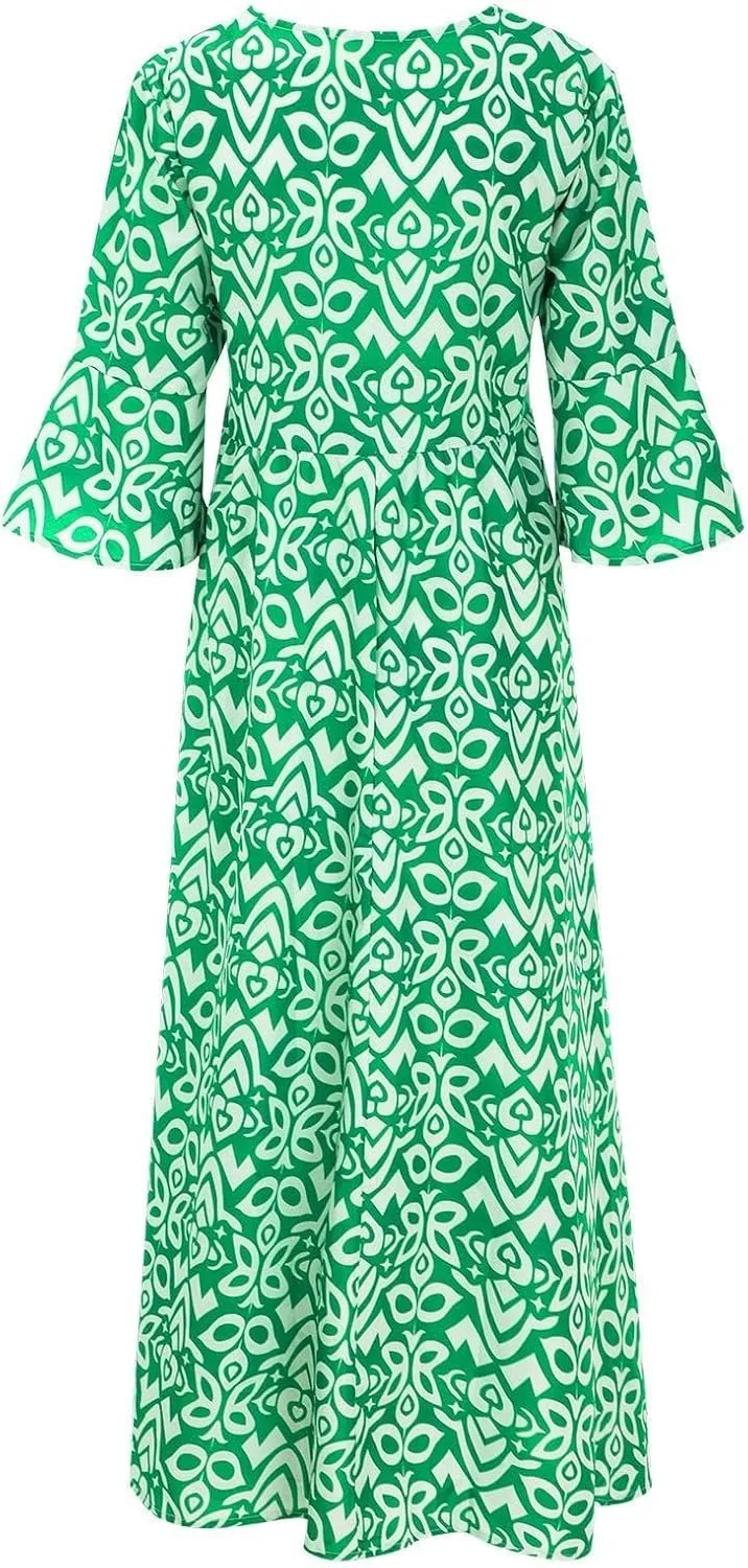 Womens Boho Dresses Trendy V Neck 3/4 Sleeve Maxi Dress Casual Loose FIt Floral Printed Ruffle Hem Beach Sundress