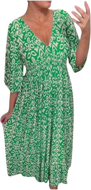 Womens Boho Dresses Trendy V Neck 3/4 Sleeve Maxi Dress Casual Loose FIt Floral Printed Ruffle Hem Beach Sundress