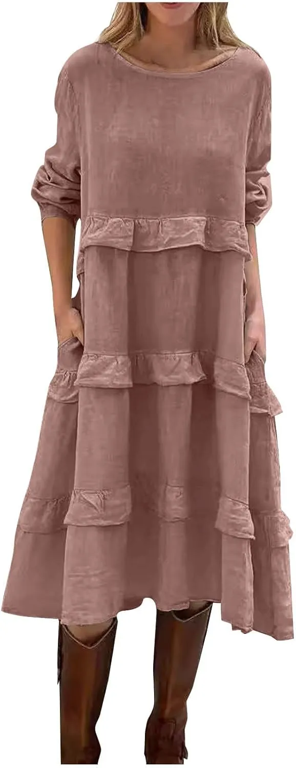 Women's Boho Summer Crew Neck Linen Midi Shirt Dress Casual Long Sleeve Tiered Ruffle Swing Beach Dresses with Pockets