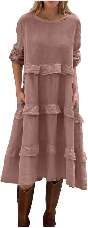 Women's Boho Summer Crew Neck Linen Midi Shirt Dress Casual Long Sleeve Tiered Ruffle Swing Beach Dresses with Pockets