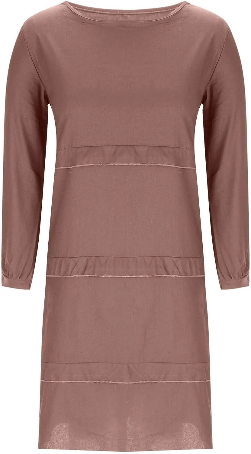 Women's Boho Summer Crew Neck Linen Midi Shirt Dress Casual Long Sleeve Tiered Ruffle Swing Beach Dresses with Pockets