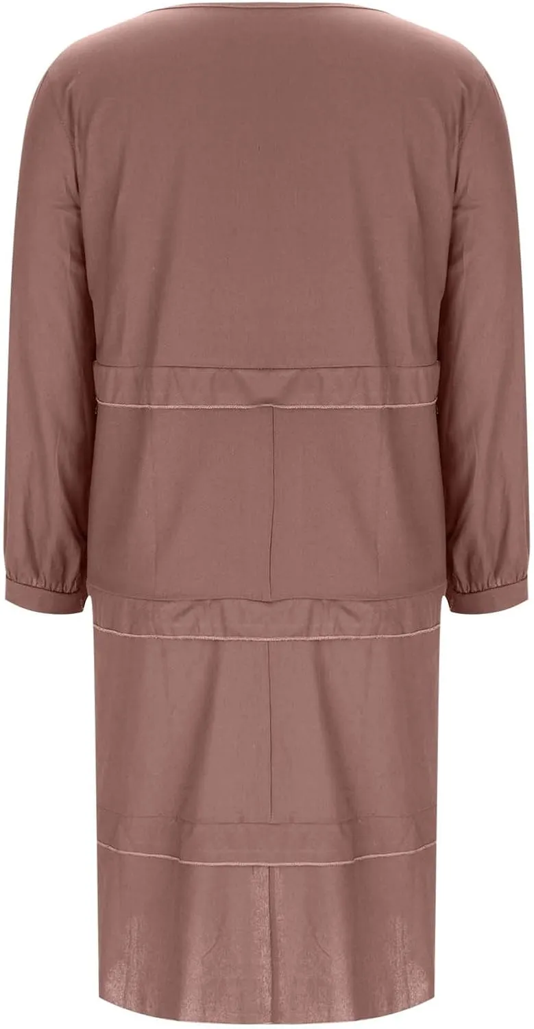 Women's Boho Summer Crew Neck Linen Midi Shirt Dress Casual Long Sleeve Tiered Ruffle Swing Beach Dresses with Pockets