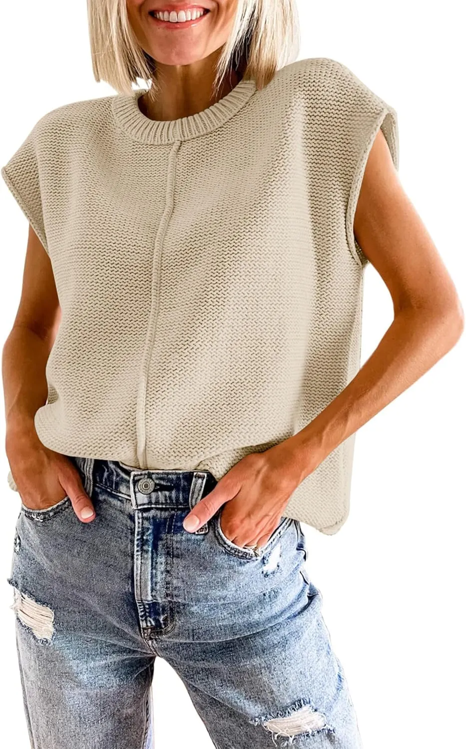 Womens Cap Sleeve Sweater Vest Crew Neck Knit Sleeveless Tank Tops Casual Lightweight Pullover Sweaters