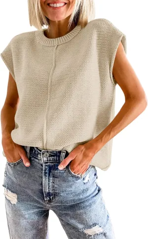 Womens Cap Sleeve Sweater Vest Crew Neck Knit Sleeveless Tank Tops Casual Lightweight Pullover Sweaters