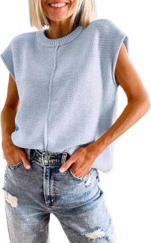 Womens Cap Sleeve Sweater Vest Crew Neck Knit Sleeveless Tank Tops Casual Lightweight Pullover Sweaters