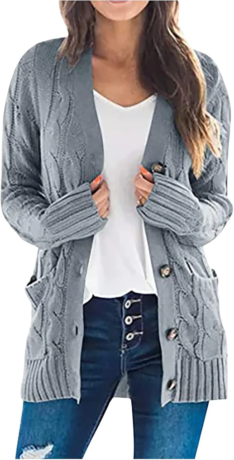 Women's Cardigan Chunky Open Front Button Sweaters with Pockets Loose Slouchy Oversized Fall Outerwear Coat