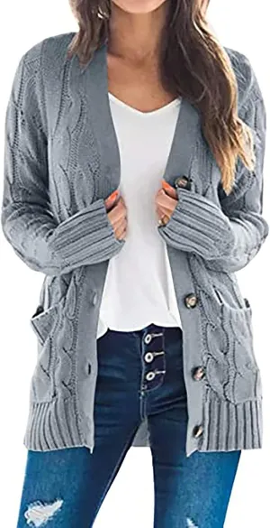 Women's Cardigan Chunky Open Front Button Sweaters with Pockets Loose Slouchy Oversized Fall Outerwear Coat