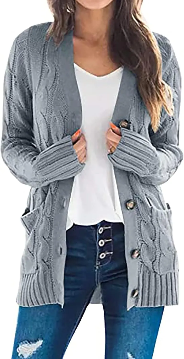 Women's Cardigan Chunky Open Front Button Sweaters with Pockets Loose Slouchy Oversized Fall Outerwear Coat