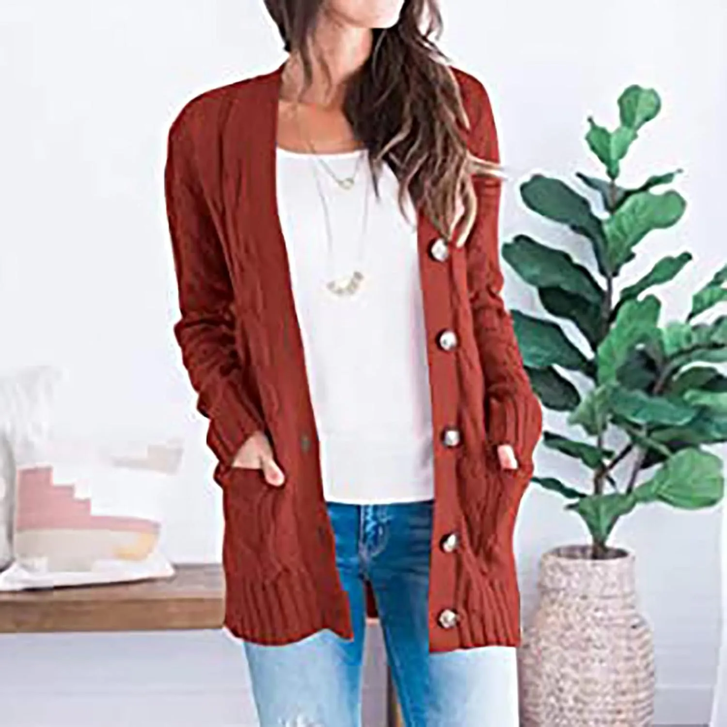 Women's Cardigan Chunky Open Front Button Sweaters with Pockets Loose Slouchy Oversized Fall Outerwear Coat