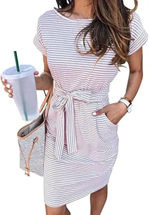 Women's Casual Dresses Fashion Crewneck Mini Dress Summer Striped Short Sleeve T Shirt Dress Tie Waist Work Dresses
