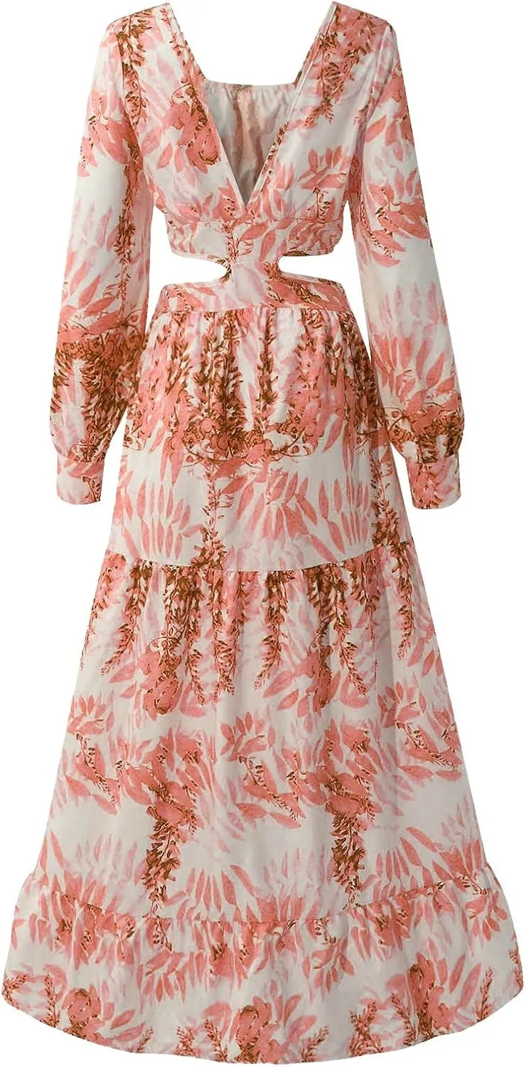 Women's Casual Dresses Summer Loose Trendy Short Sleeve V-Neck Floral Print Beach Vacation Maxi Dress, S-XL