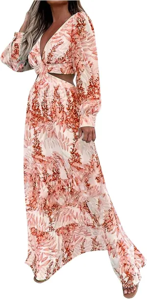 Women's Casual Dresses Summer Loose Trendy Short Sleeve V-Neck Floral Print Beach Vacation Maxi Dress, S-XL