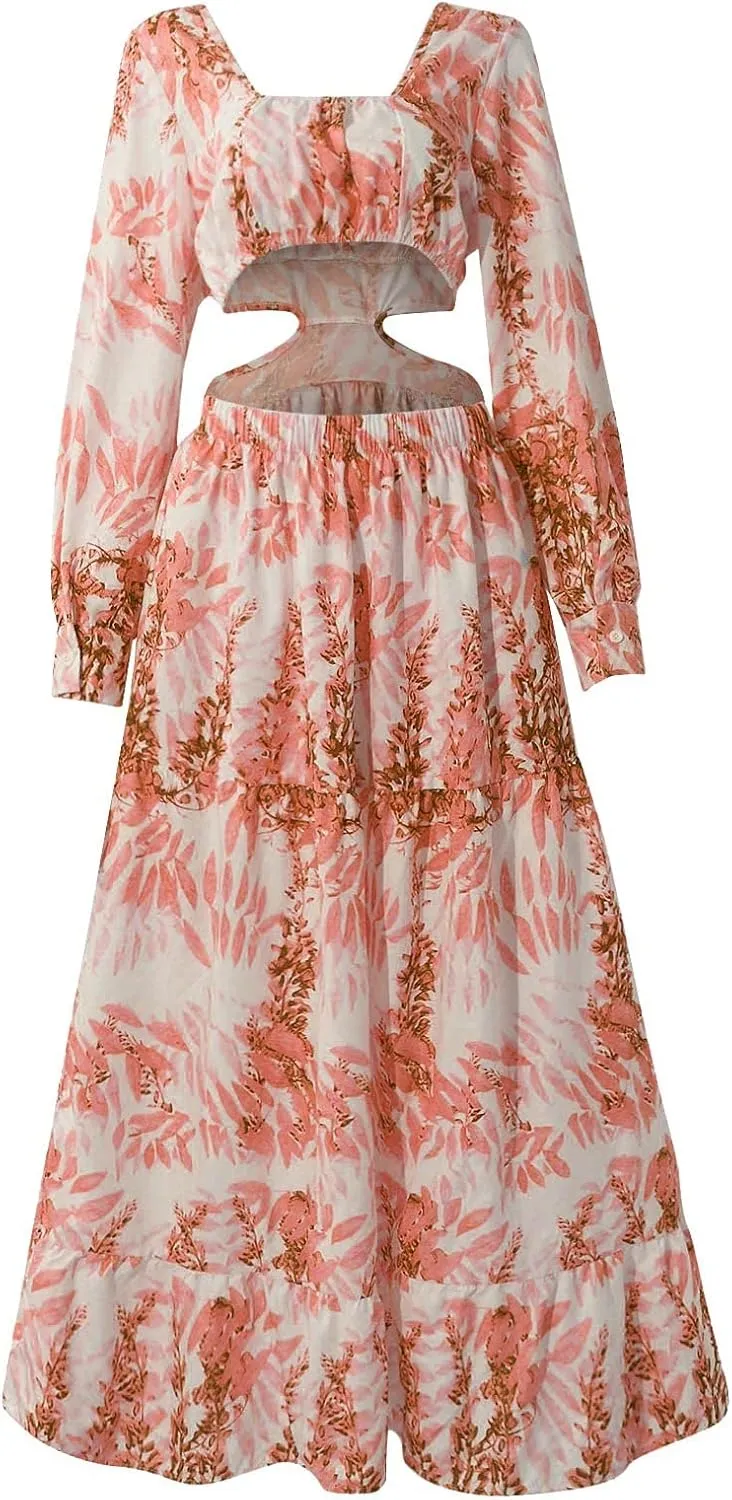 Women's Casual Dresses Summer Loose Trendy Short Sleeve V-Neck Floral Print Beach Vacation Maxi Dress, S-XL