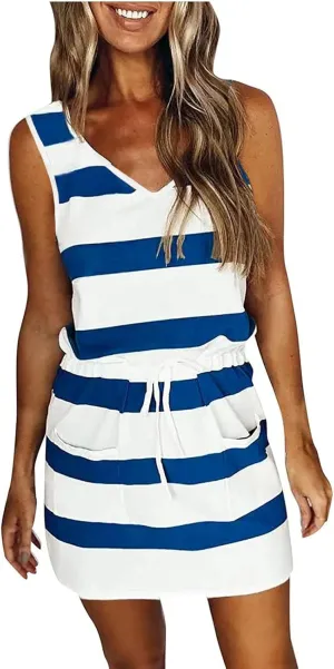 Women's Casual Loose Tank Dresses Sleeveless Bandage Stripe Printing Vest Sling Dress Summer Beach Dress