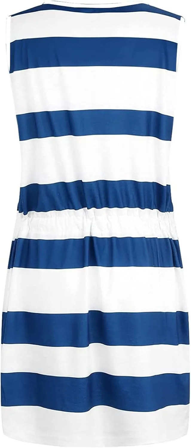 Women's Casual Loose Tank Dresses Sleeveless Bandage Stripe Printing Vest Sling Dress Summer Beach Dress