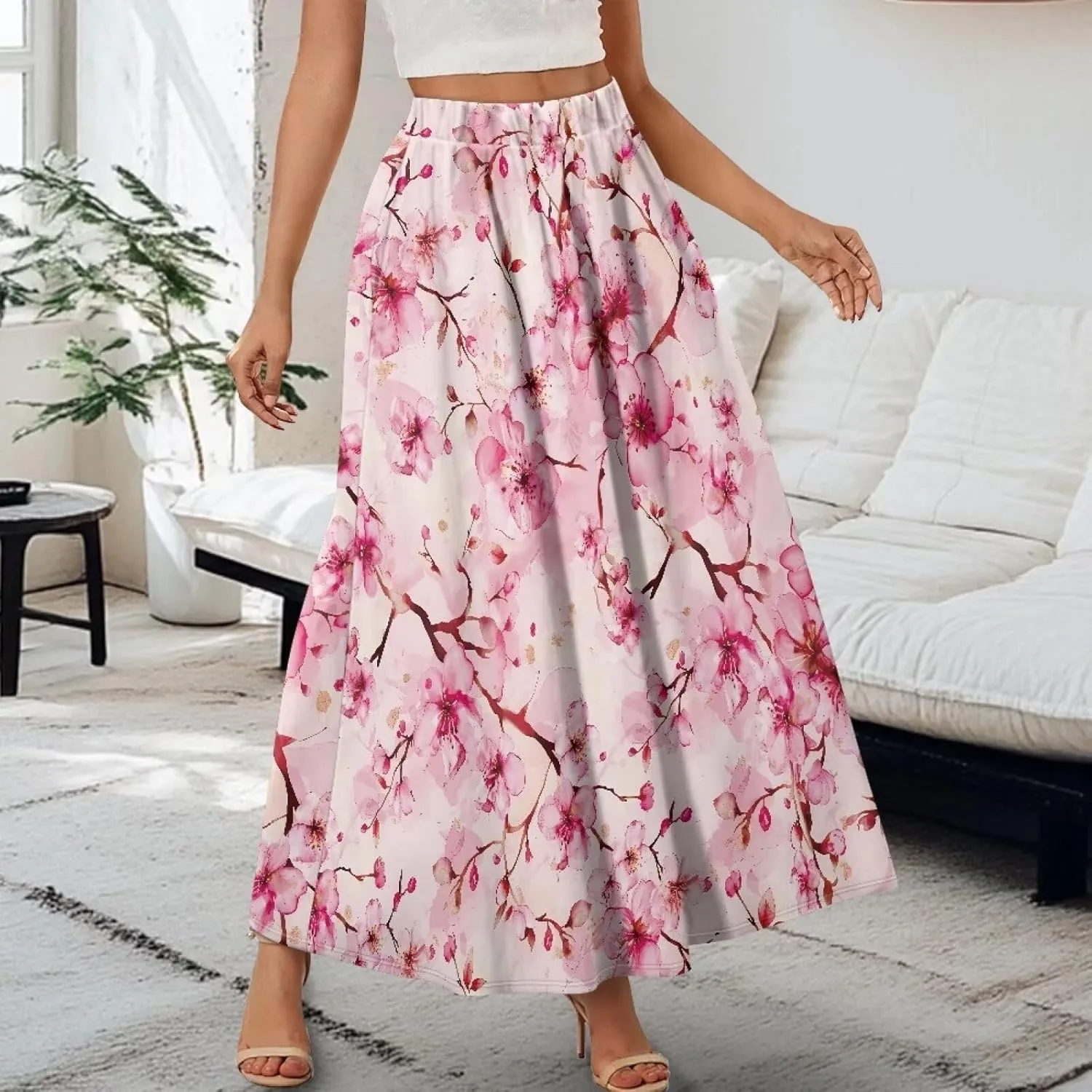 Women's Casual Maxi Skirt Long Skirts with Pockets Fashion Ankle Length Skirt Flowy Breathable Party Dress