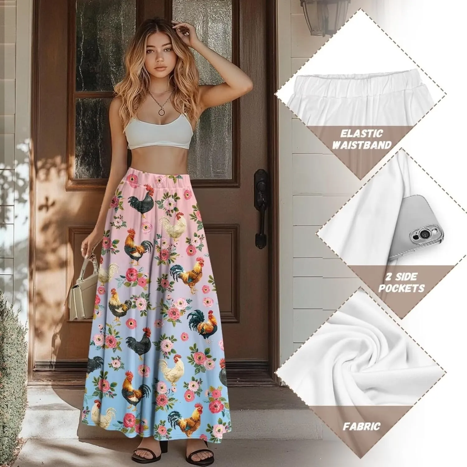 Women's Casual Maxi Skirt Long Skirts with Pockets Fashion Ankle Length Skirt Flowy Breathable Party Dress