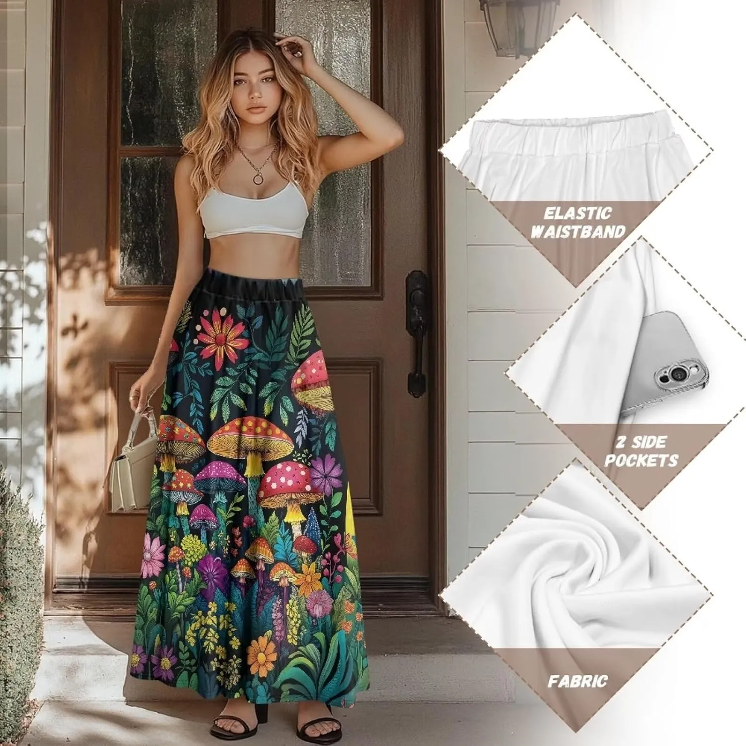 Women's Casual Maxi Skirt Long Skirts with Pockets Fashion Ankle Length Skirt Flowy Breathable Party Dress
