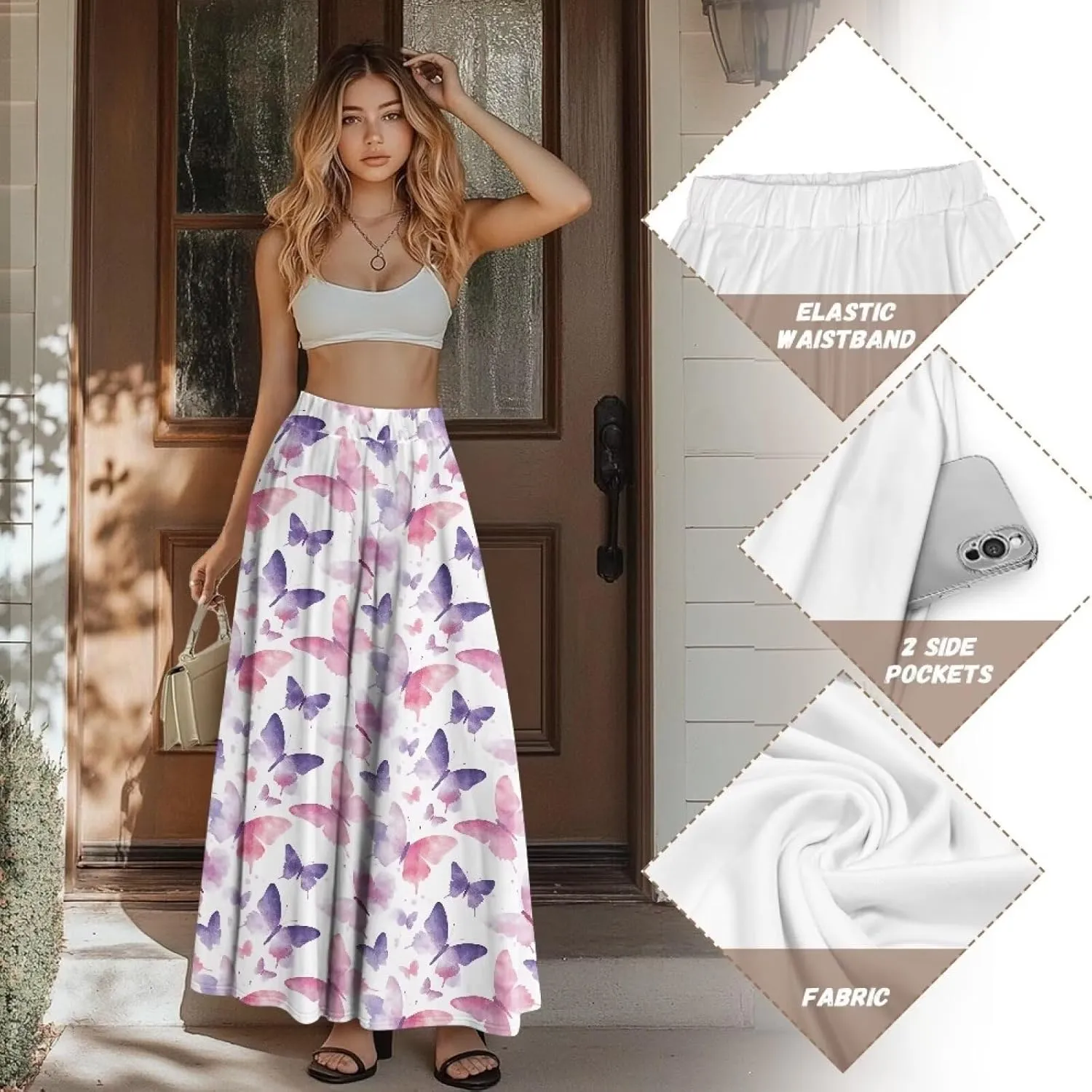 Women's Casual Maxi Skirt Long Skirts with Pockets Fashion Ankle Length Skirt Flowy Breathable Party Dress
