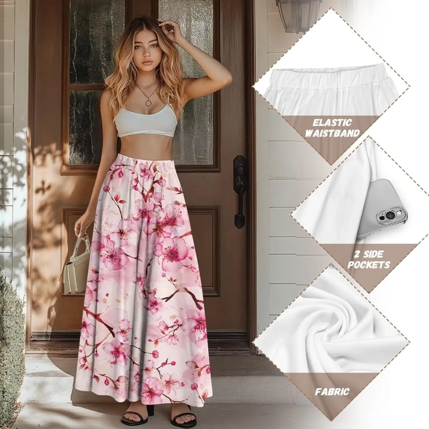 Women's Casual Maxi Skirt Long Skirts with Pockets Fashion Ankle Length Skirt Flowy Breathable Party Dress