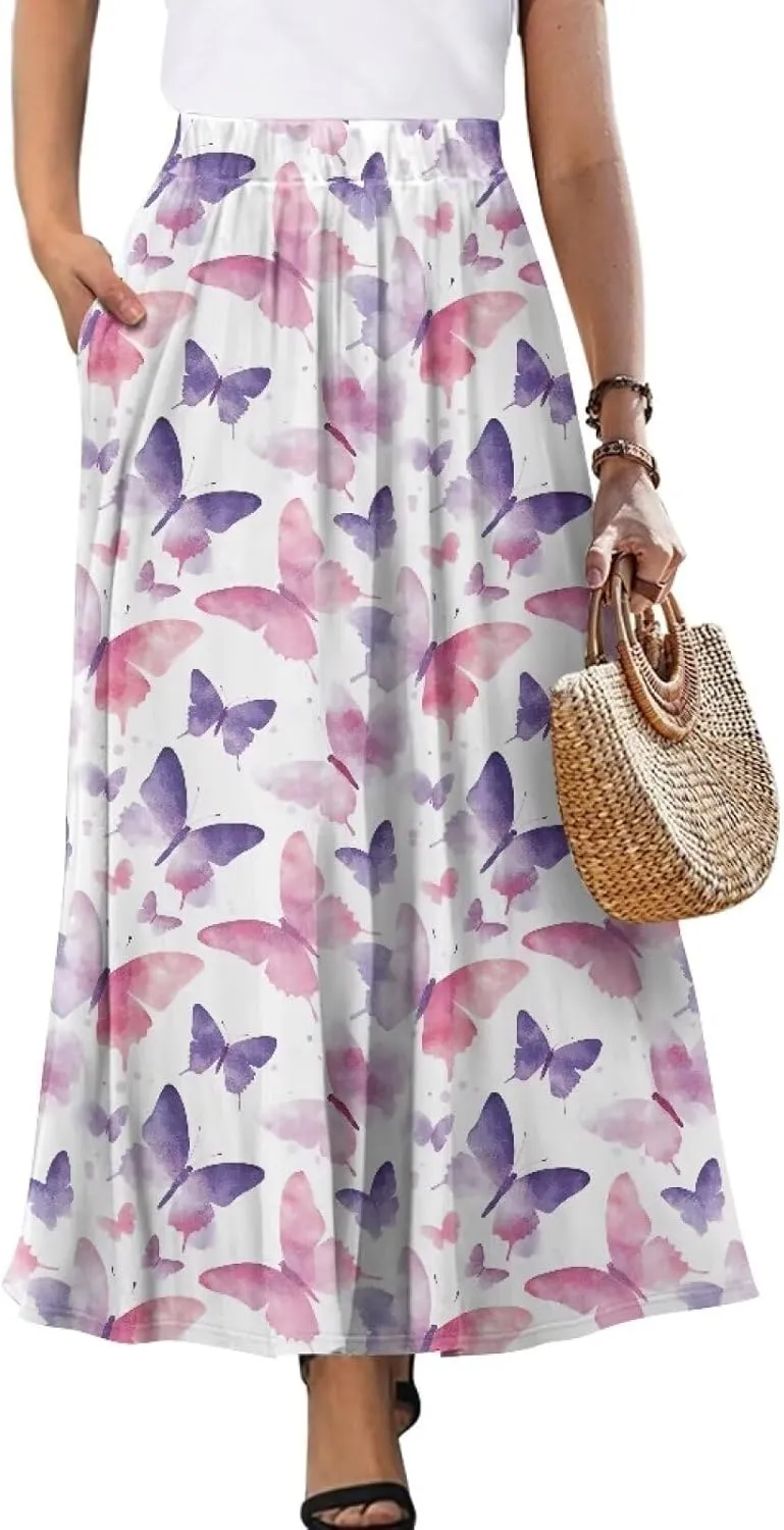 Women's Casual Maxi Skirt Long Skirts with Pockets Fashion Ankle Length Skirt Flowy Breathable Party Dress