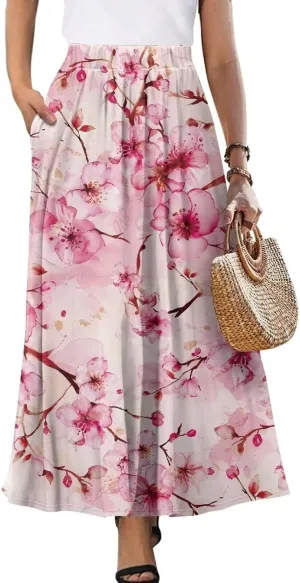 Women's Casual Maxi Skirt Long Skirts with Pockets Fashion Ankle Length Skirt Flowy Breathable Party Dress