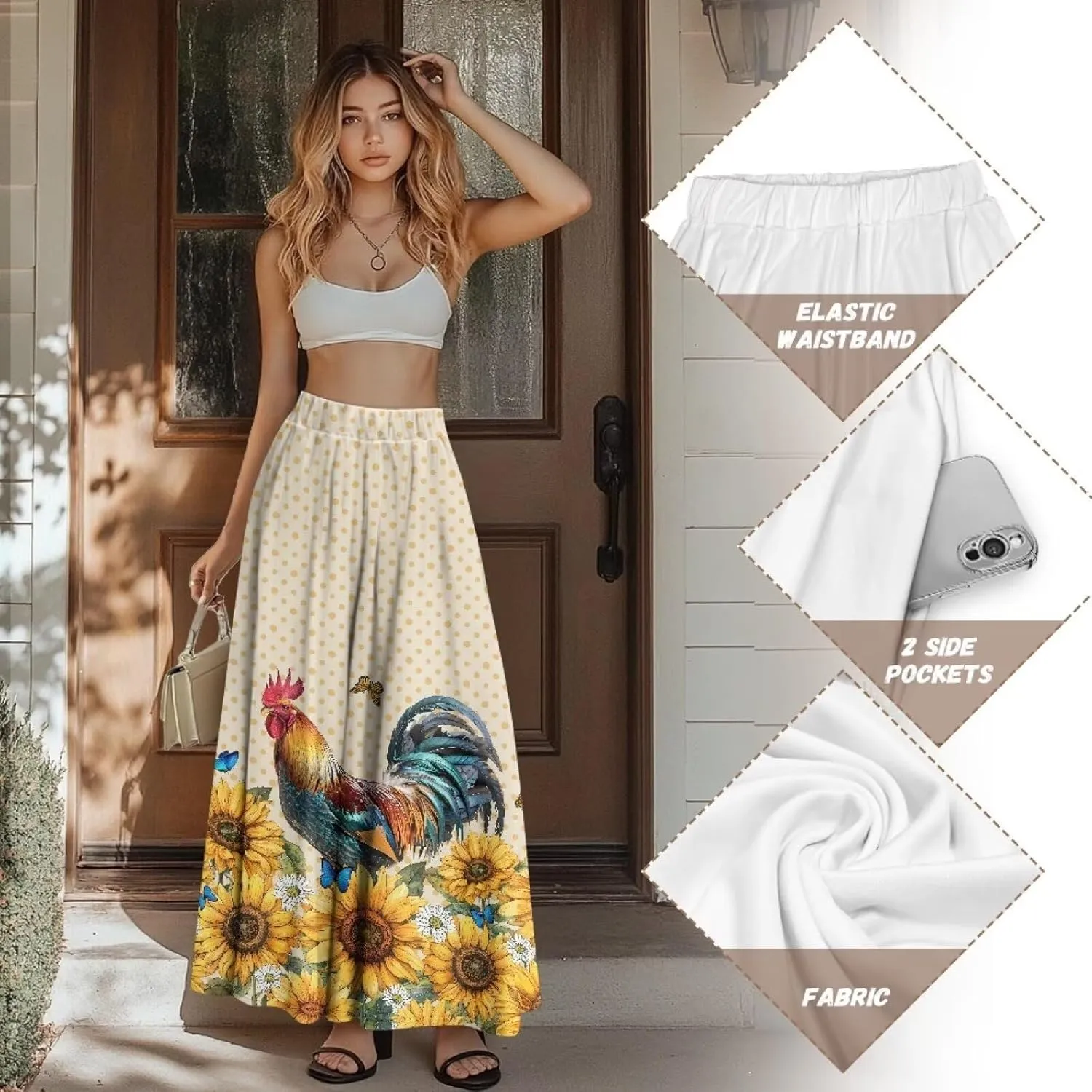 Women's Casual Maxi Skirt Long Skirts with Pockets Fashion Ankle Length Skirt Flowy Breathable Party Dress