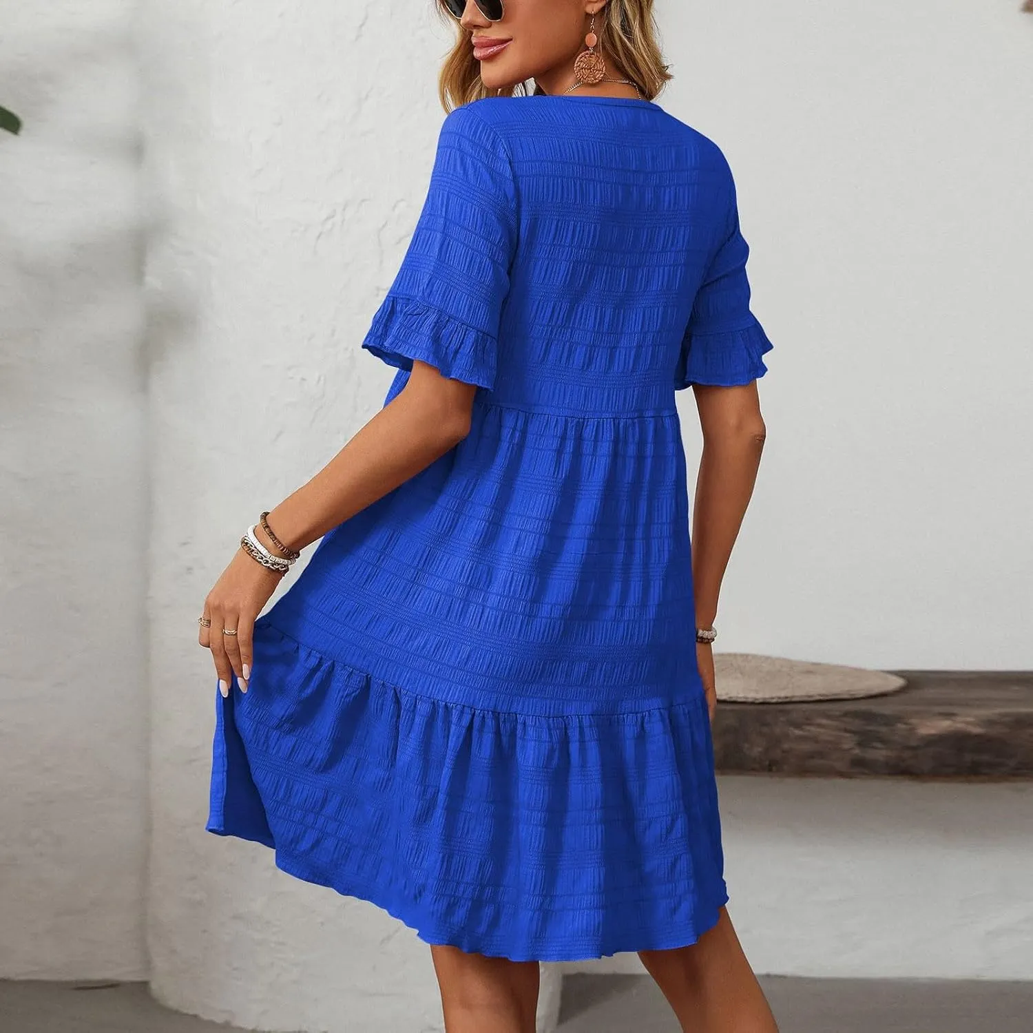 Women's Casual Mini Dresses Ruffle Short Sleeve Round Neck Splicing Summer Dress Beach A-Line Swing Sundresses