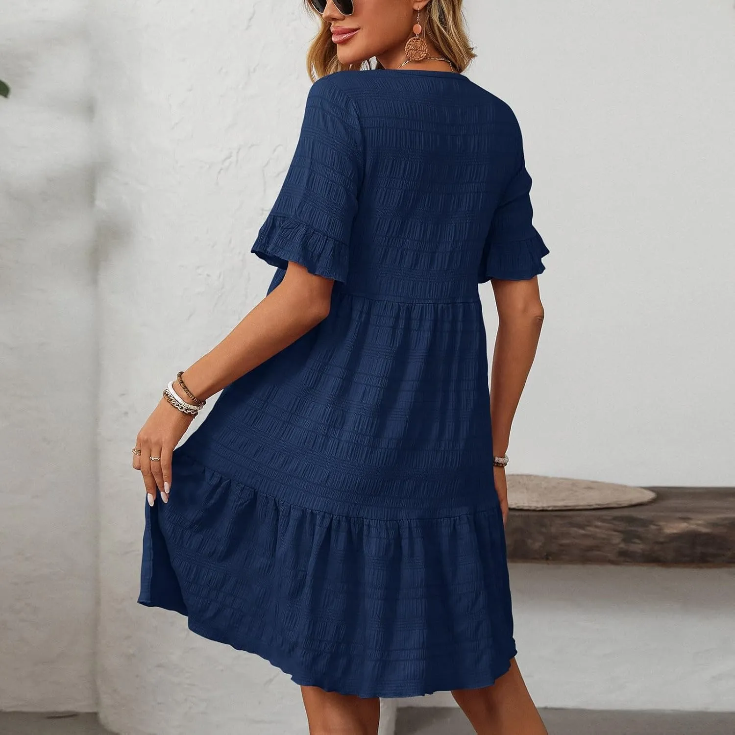 Women's Casual Mini Dresses Ruffle Short Sleeve Round Neck Splicing Summer Dress Beach A-Line Swing Sundresses