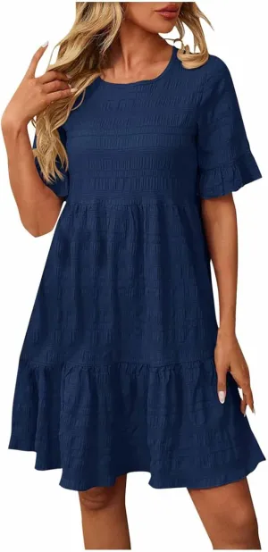 Women's Casual Mini Dresses Ruffle Short Sleeve Round Neck Splicing Summer Dress Beach A-Line Swing Sundresses
