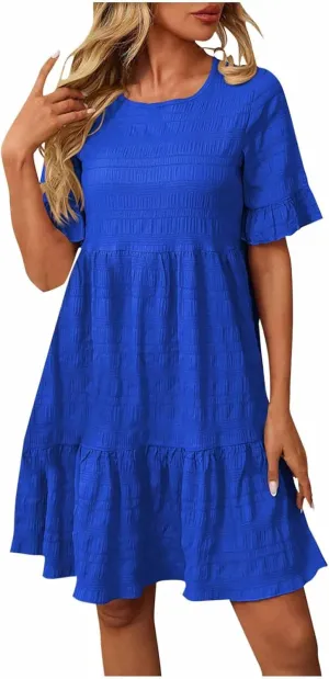 Women's Casual Mini Dresses Ruffle Short Sleeve Round Neck Splicing Summer Dress Beach A-Line Swing Sundresses