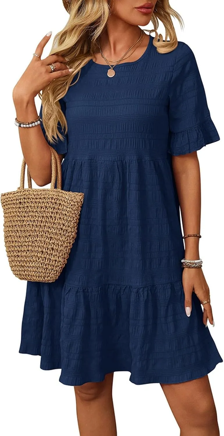 Women's Casual Mini Dresses Ruffle Short Sleeve Round Neck Splicing Summer Dress Beach A-Line Swing Sundresses