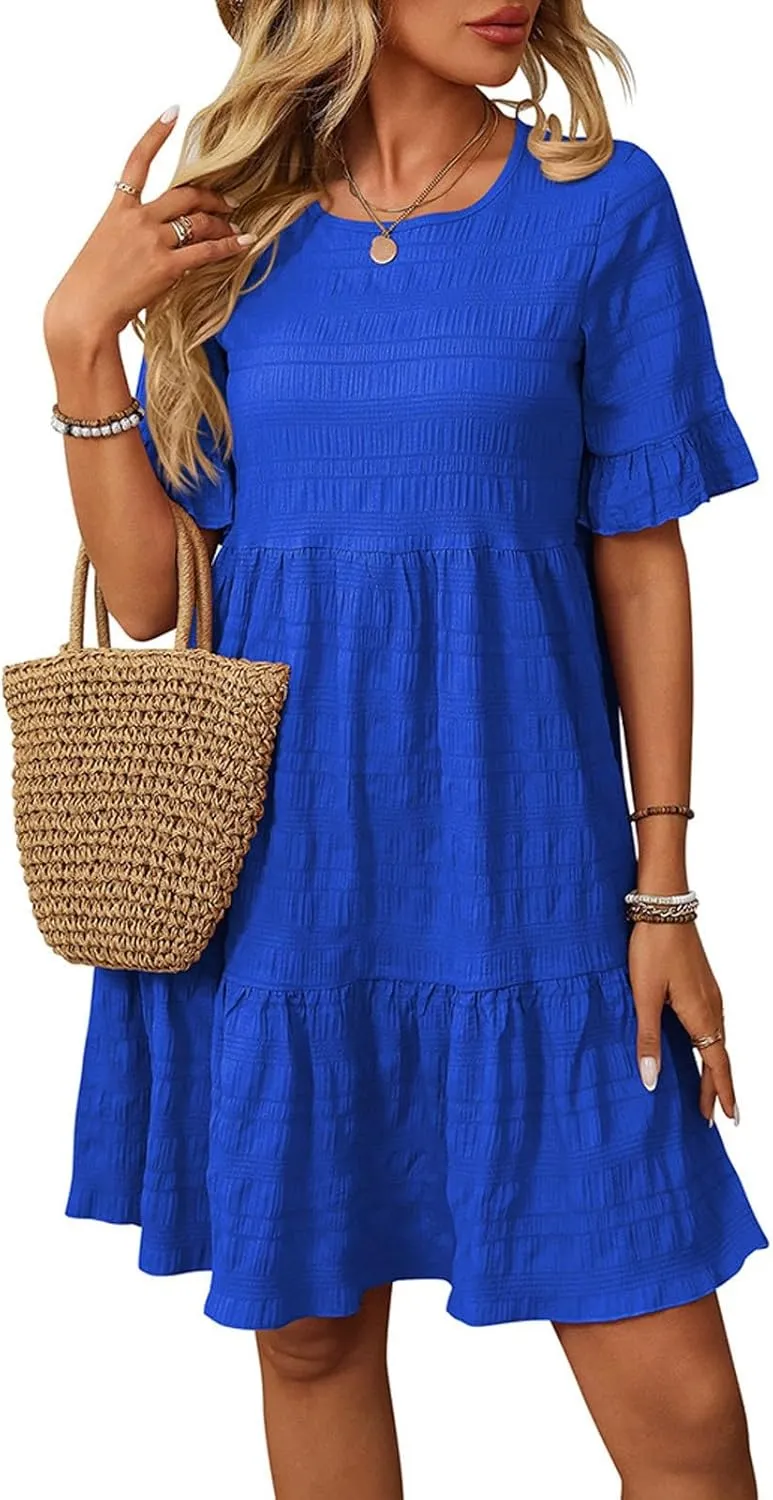 Women's Casual Mini Dresses Ruffle Short Sleeve Round Neck Splicing Summer Dress Beach A-Line Swing Sundresses