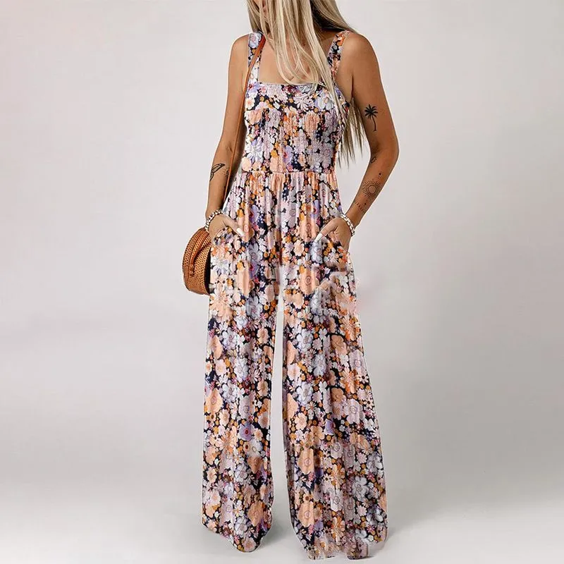 Womens Casual Print Sleeveless Overalls Jumpsuits